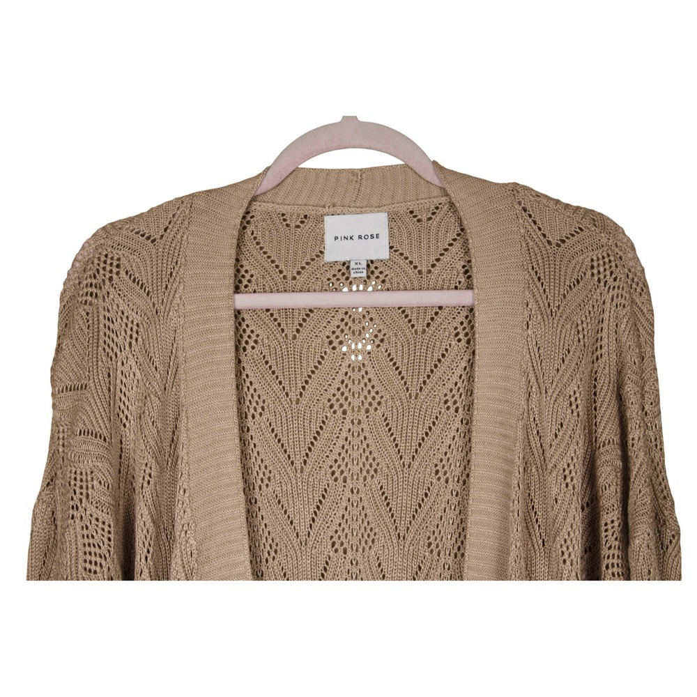 Pink Rose Boho Earthy Coastal Taupe Open Front Pointelle Knit Cardigan Size XL - Picture 2 of 10